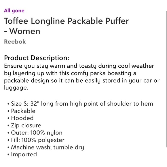 GUC Reebok Toffee Longline Packable Puffer Womens Size XL - Picture 4 of 4